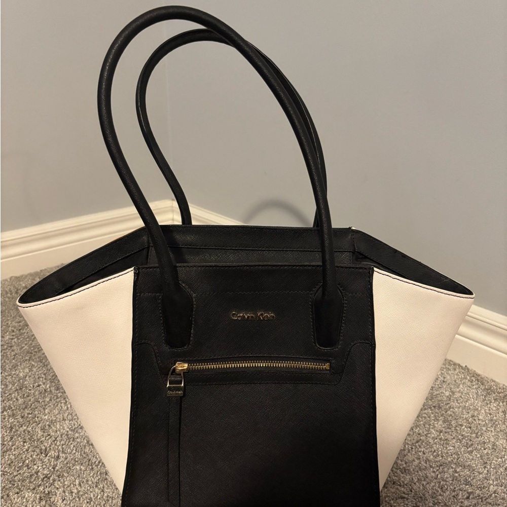 Calvin Klein Black and White Colorblock Tote with Gold Zip
